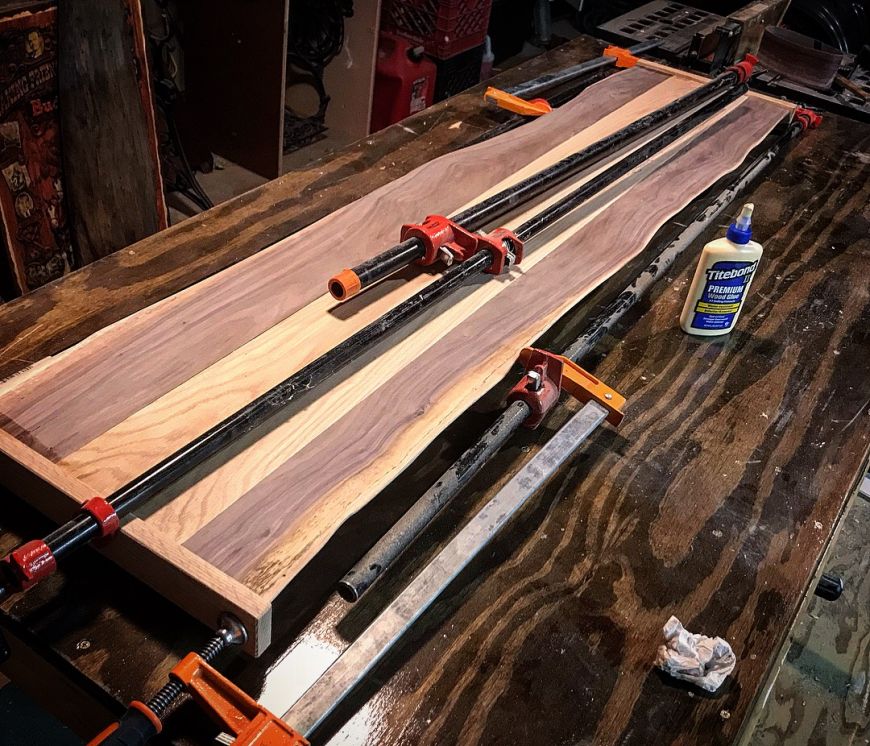 gluing and clamping table top with oak and live-edge walnut