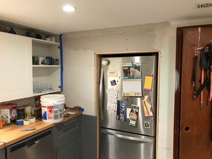 DIY kitchen remodel renovation fridge cubby refrigerator in wall custom